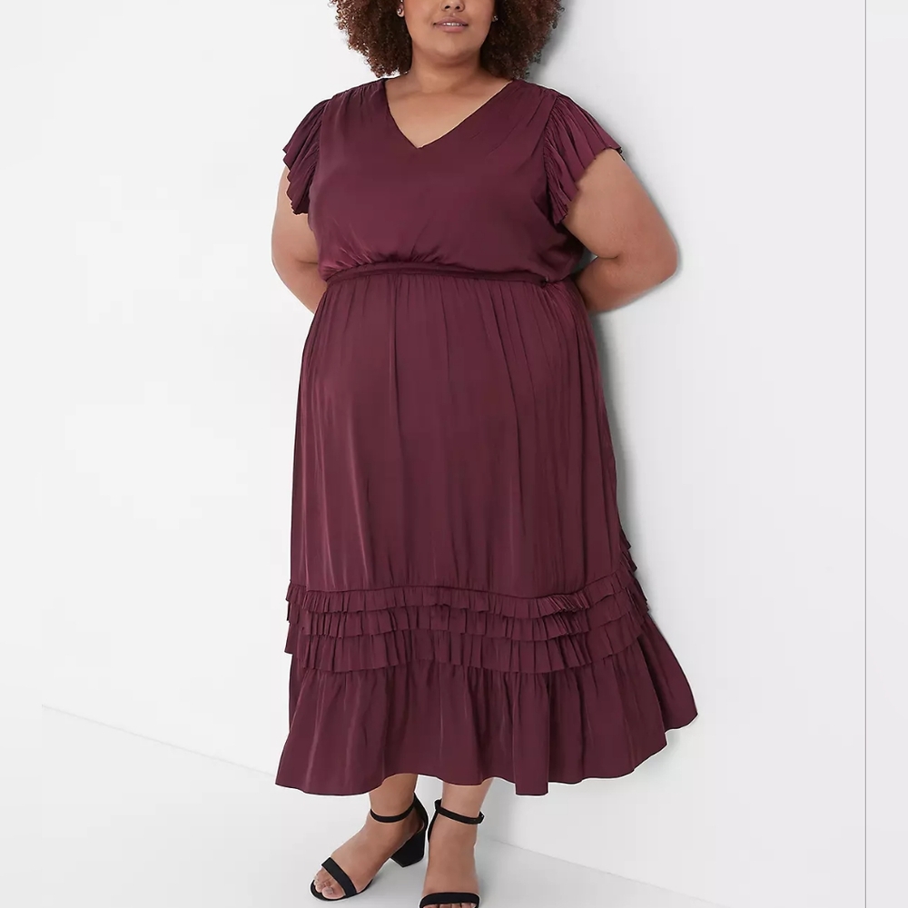 Lane Bryant Burgundy Flutter Sleeve Shirred Midi Satin Dress Size 16